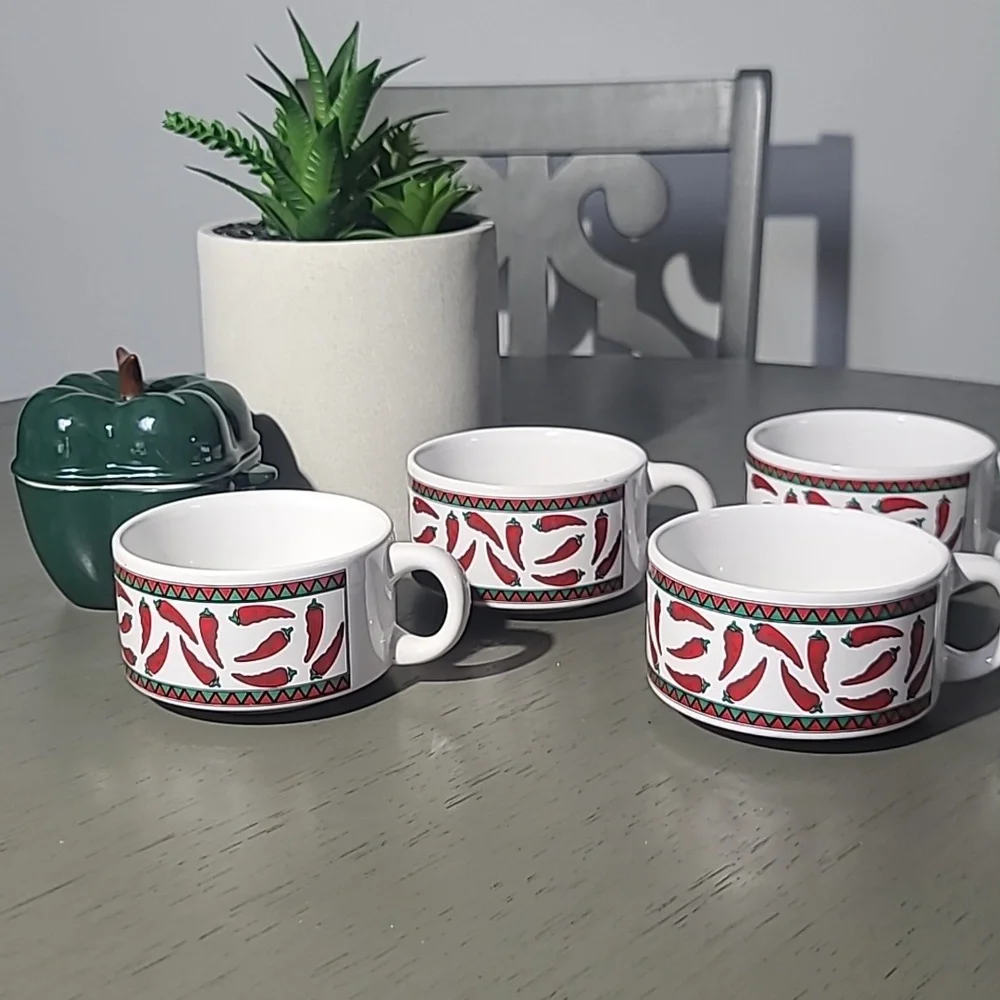 Stackable Red Chili Pattern Ceramic Mugs With Pepper Condiment Bowl - Picture 2 of 9